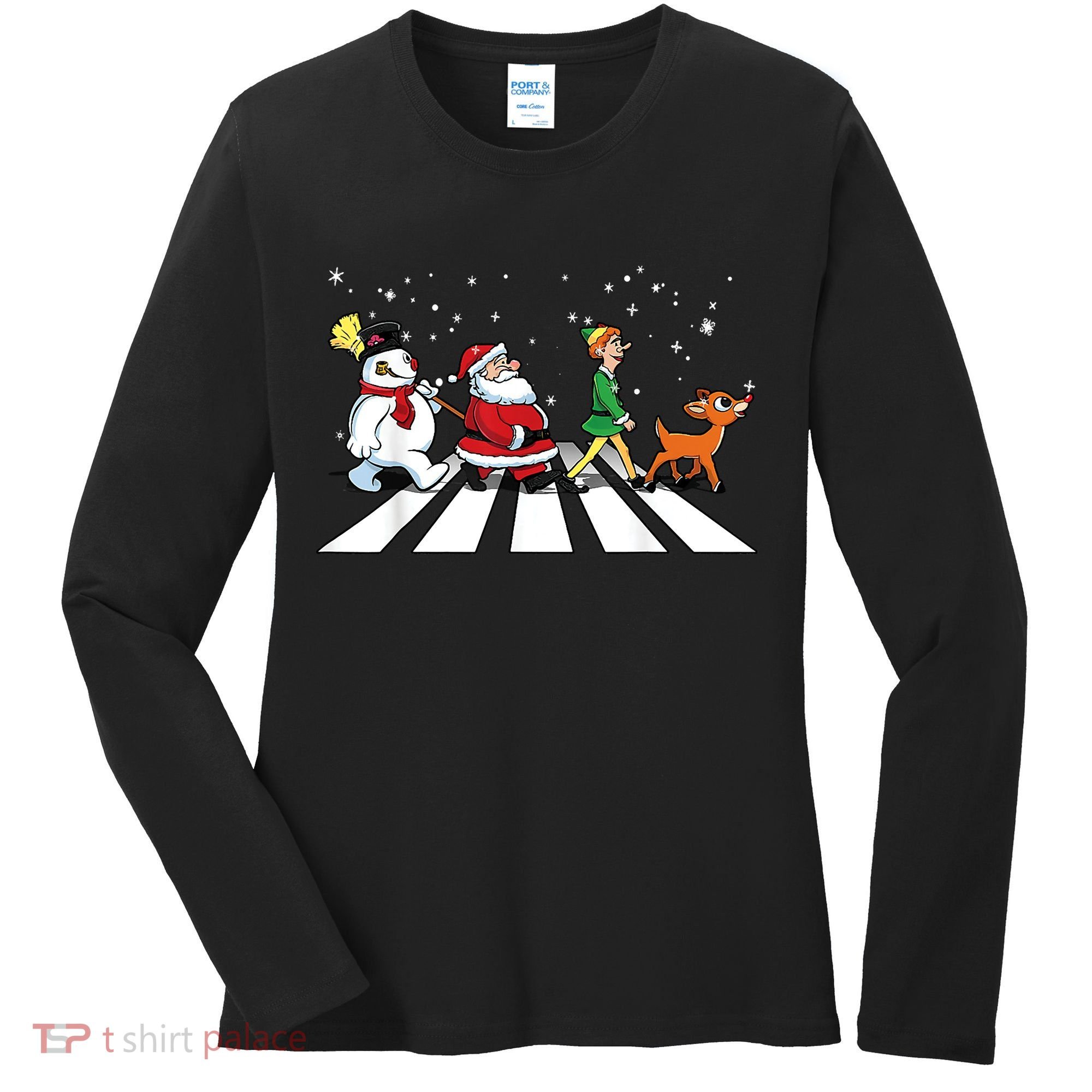 Funny Santa Snowman Elf Reindeer Christmas Abbeys Road Women's Long Sleeve Shirt