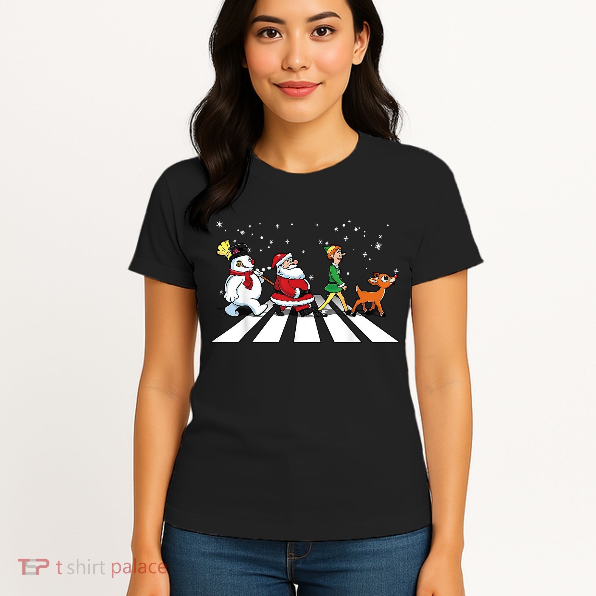 Funny Santa Snowman Elf Reindeer Christmas Abbeys Road Women's T-Shirt