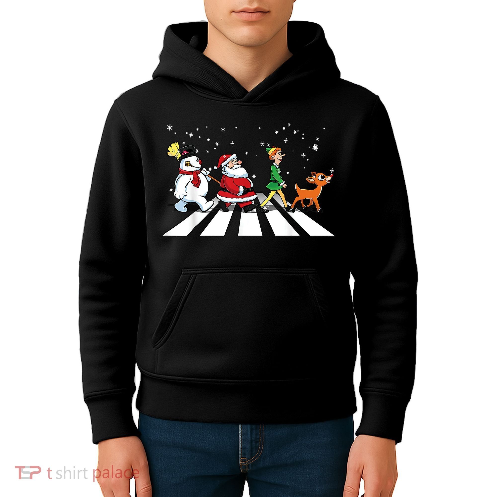 Funny Santa Snowman Elf Reindeer Christmas Abbeys Road Kids Hoodie