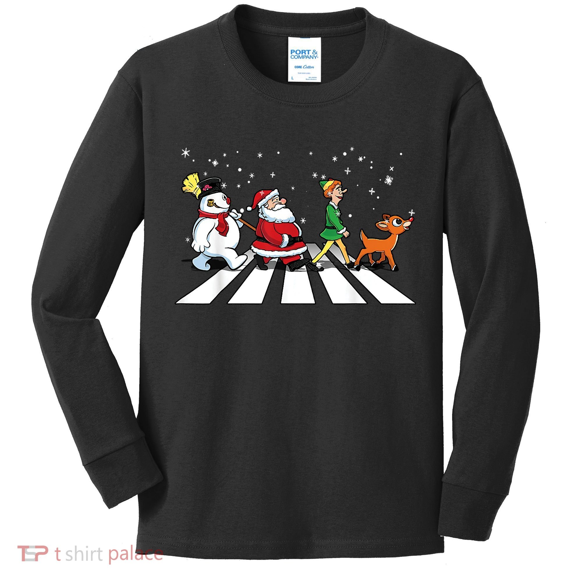 Funny Santa Snowman Elf Reindeer Christmas Abbeys Road Kids Long Sleeve Shirt