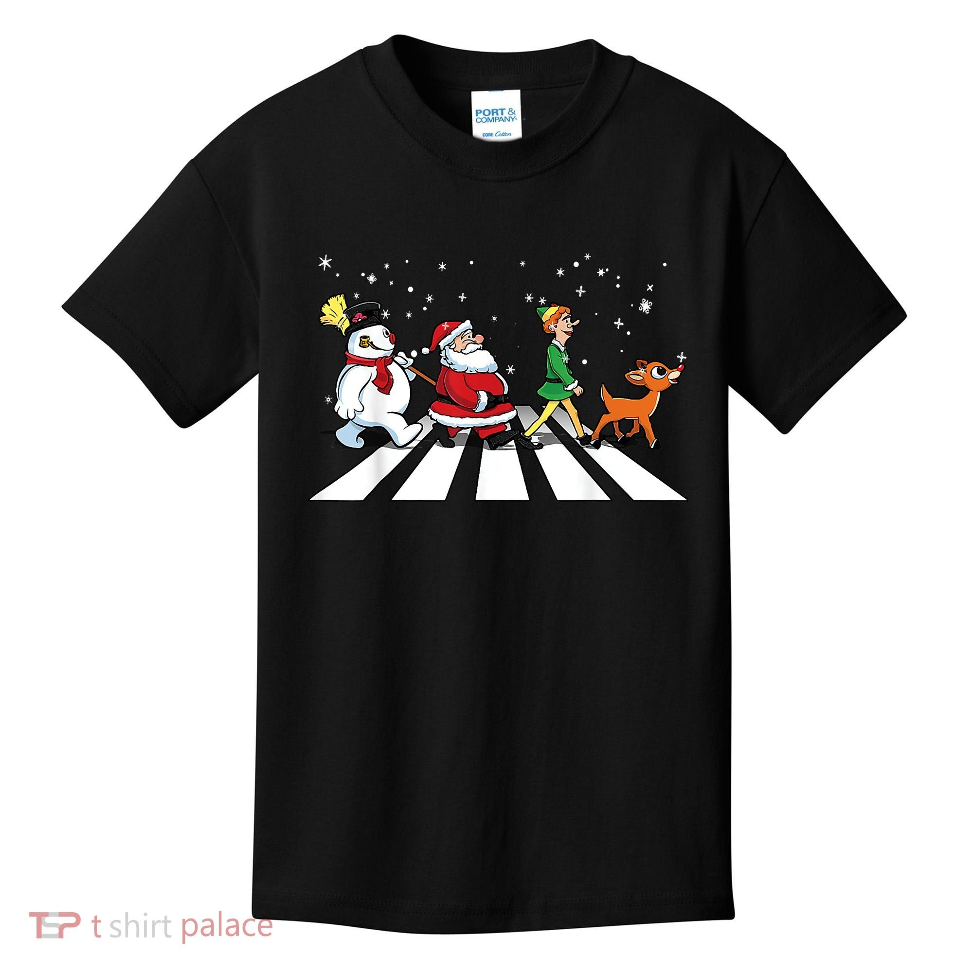 Funny Santa Snowman Elf Reindeer Christmas Abbeys Road Kids T-Shirt