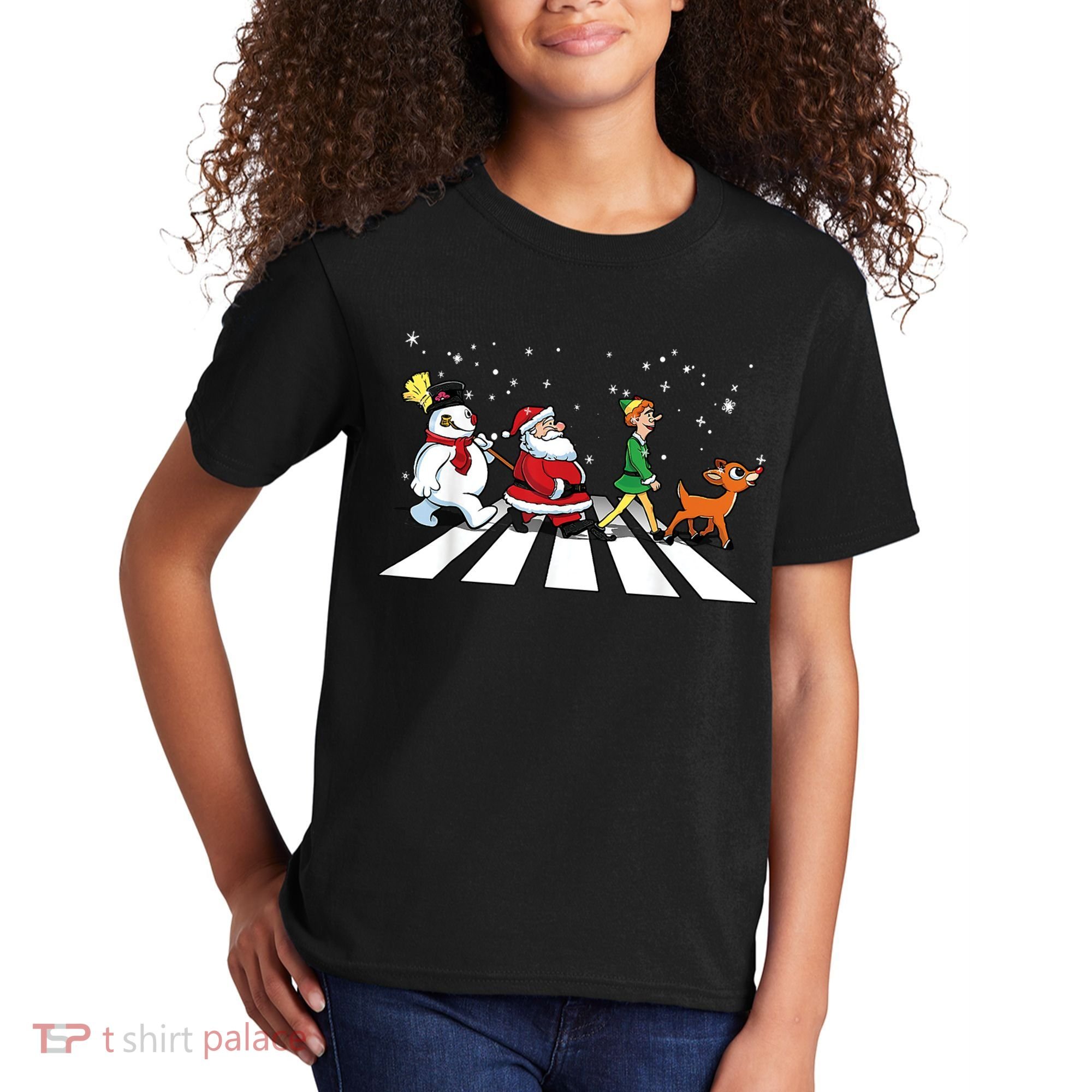Funny Santa Snowman Elf Reindeer Christmas Abbeys Road Kids T-Shirt