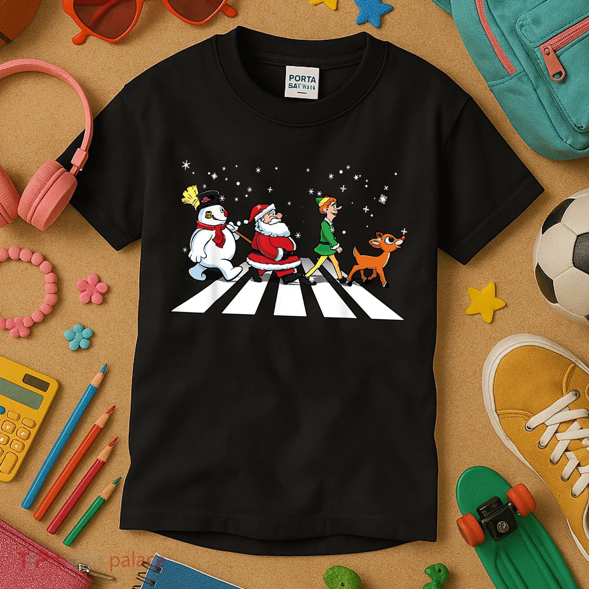 Funny Santa Snowman Elf Reindeer Christmas Abbeys Road Kids T-Shirt