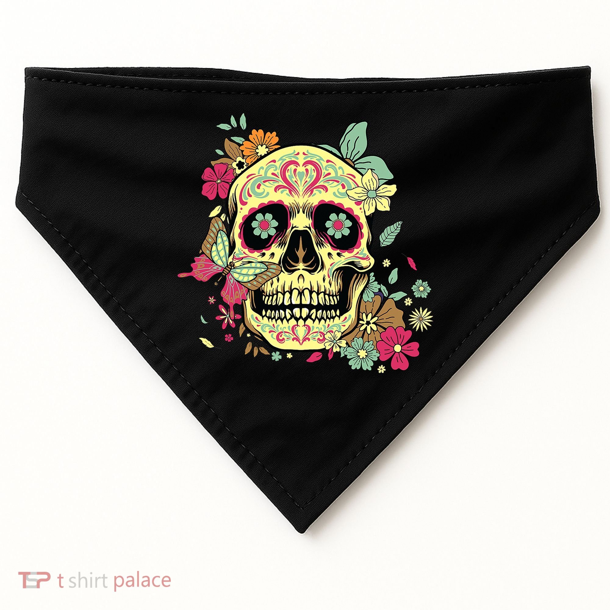 Floral Sugar Skull Dia de Los Muertos Dead   USA-Made Doggie Bandana