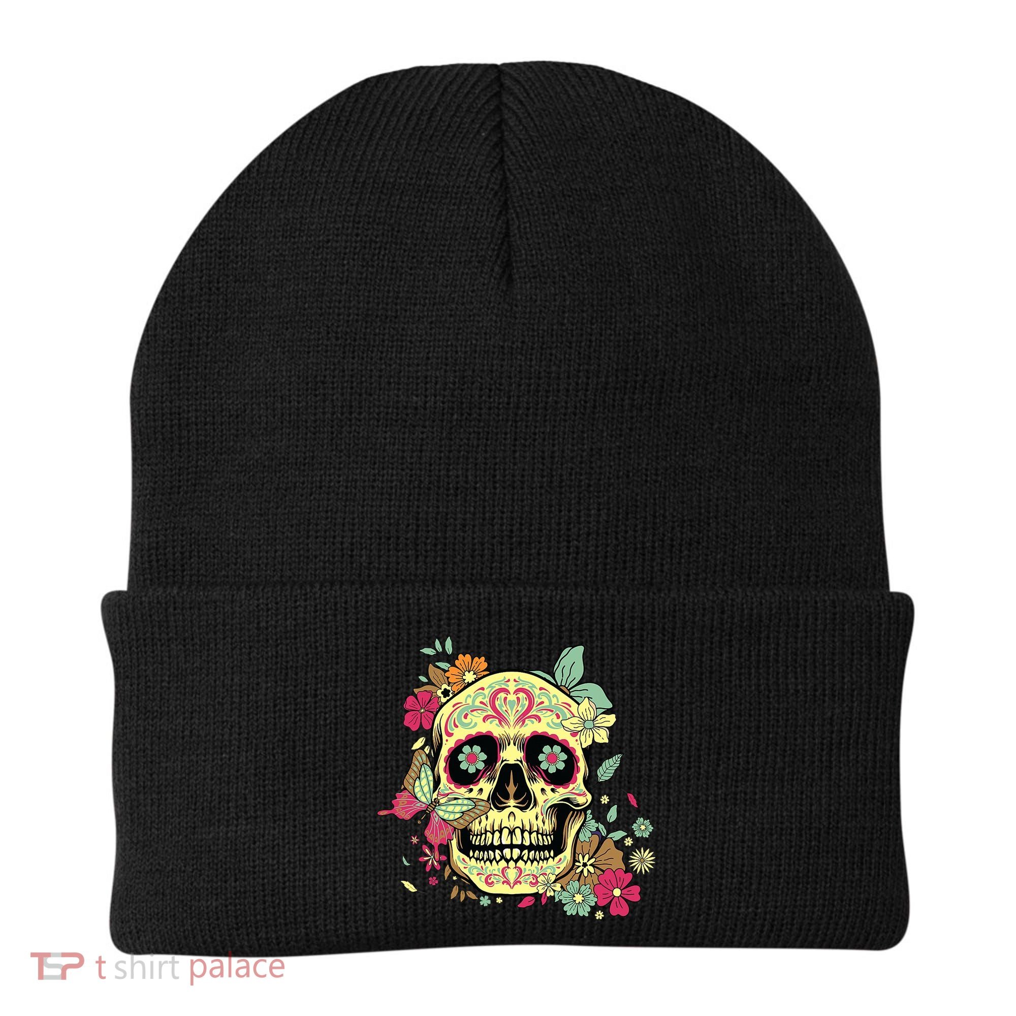 Floral Sugar Skull Dia de Los Muertos Dead   Beanie