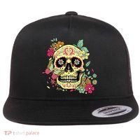 Floral Sugar Skull Dia de Los Muertos Dead   Flat Bill Trucker Hat thumb 0