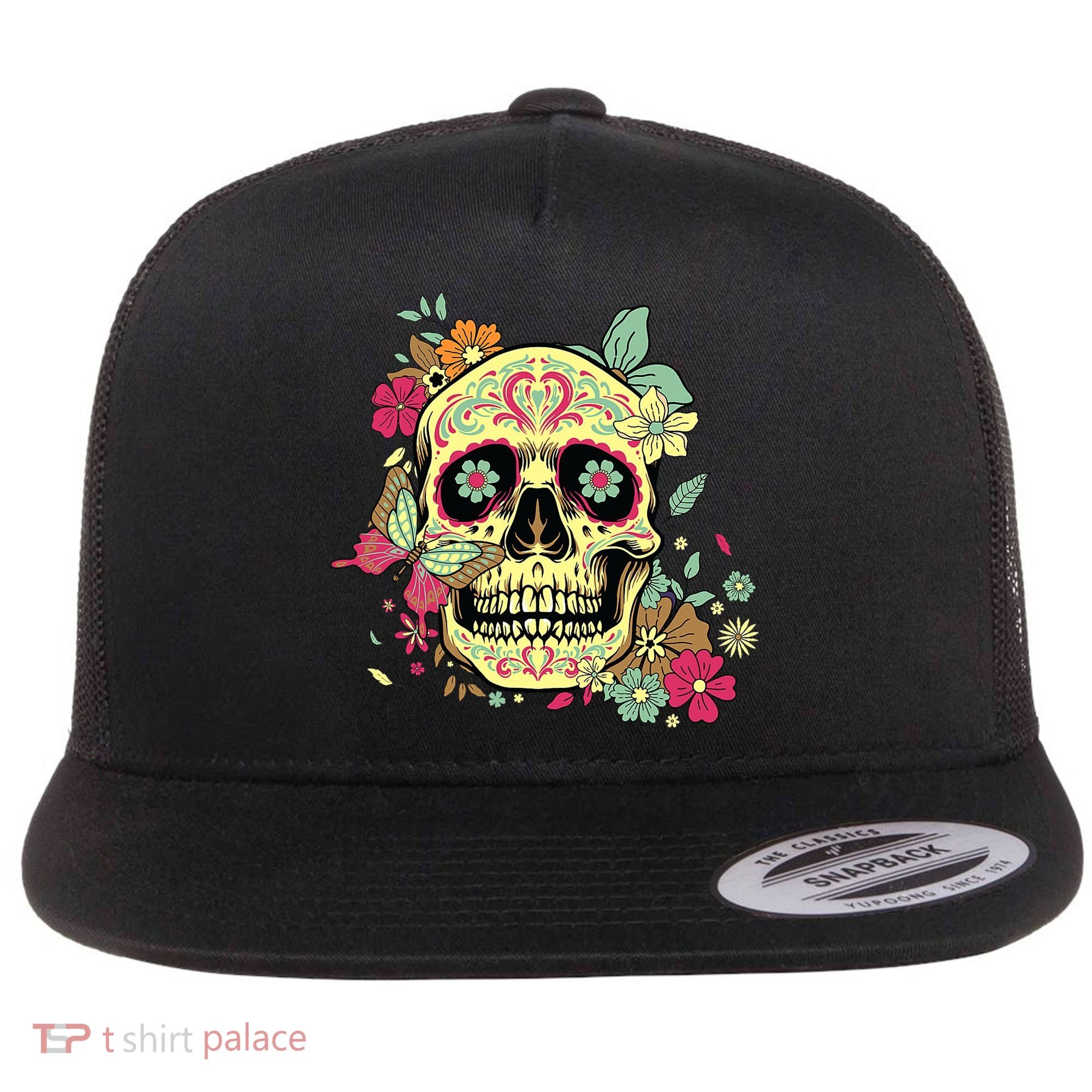 Floral Sugar Skull Dia de Los Muertos Dead   Flat Bill Trucker Hat