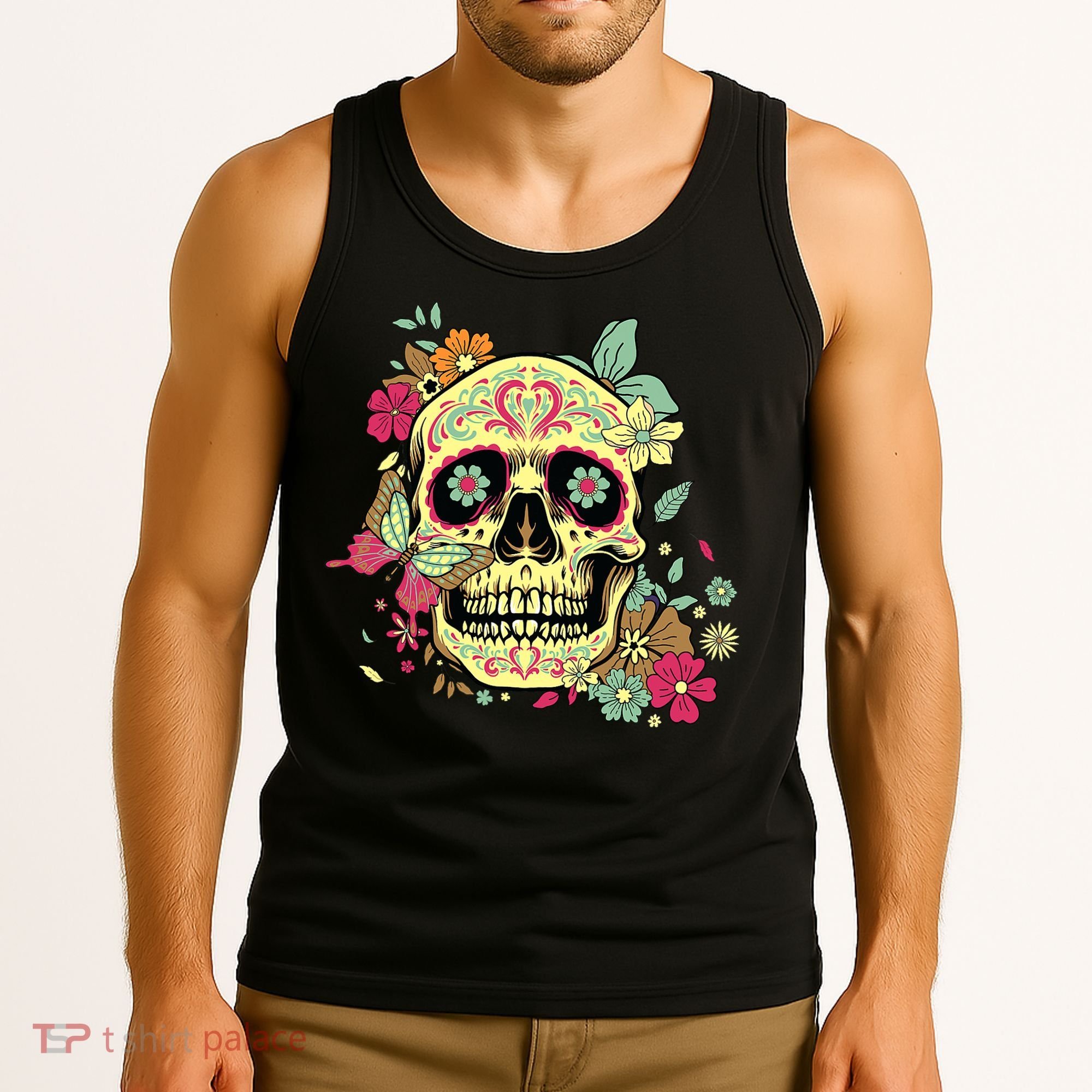 Floral Sugar Skull Dia de Los Muertos Dead   Tank Top