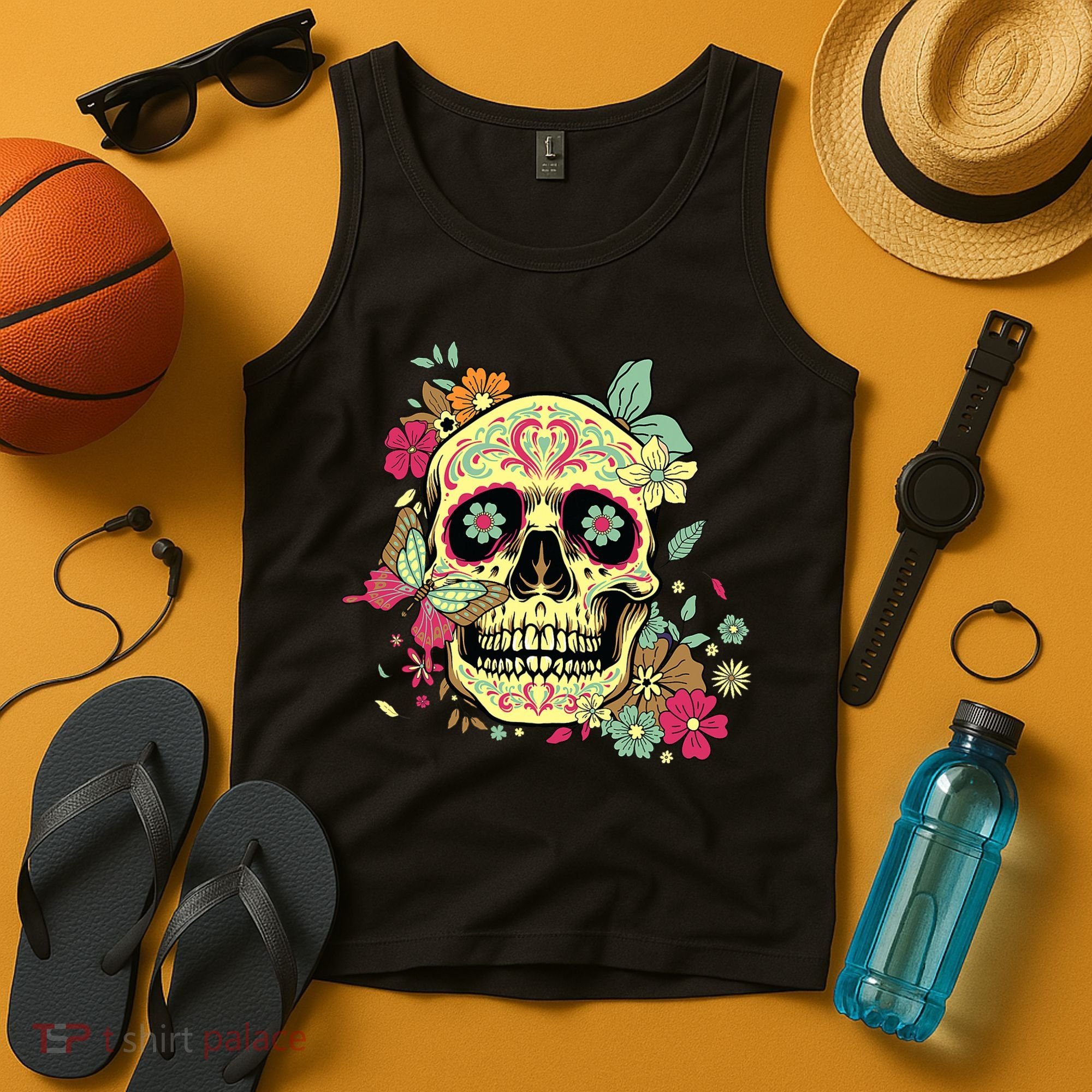 Floral Sugar Skull Dia de Los Muertos Dead   Tank Top