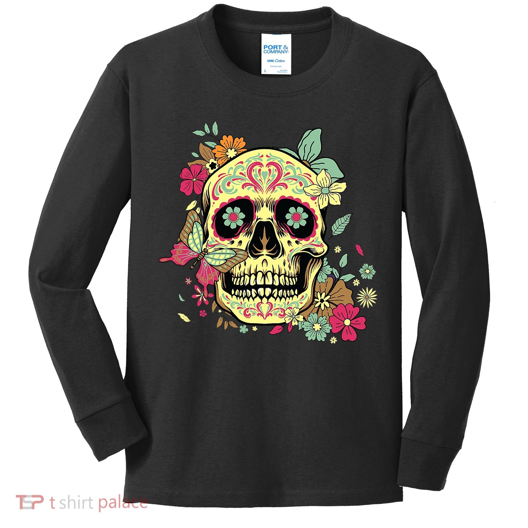 Floral Sugar Skull Dia de Los Muertos Dead   Kids Long Sleeve Shirt