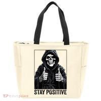 Funny Skull Stay Positive Skeleton Halloween Motivational Tote Bag thumb 0