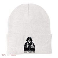 Funny Skull Stay Positive Skeleton Halloween Motivational Beanie thumb 0