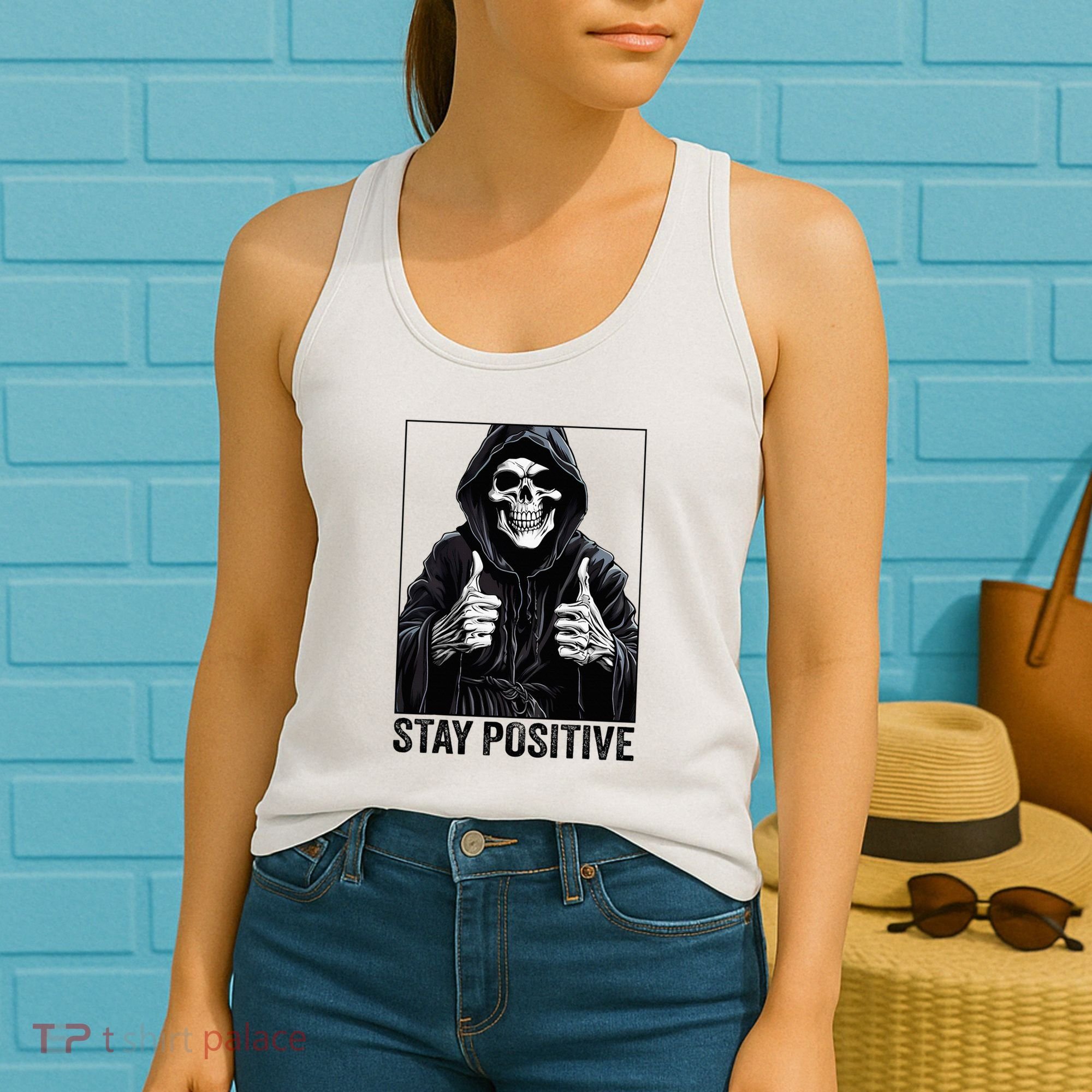 Funny Skull Stay Positive Skeleton Halloween Motivational Women's Tank Top