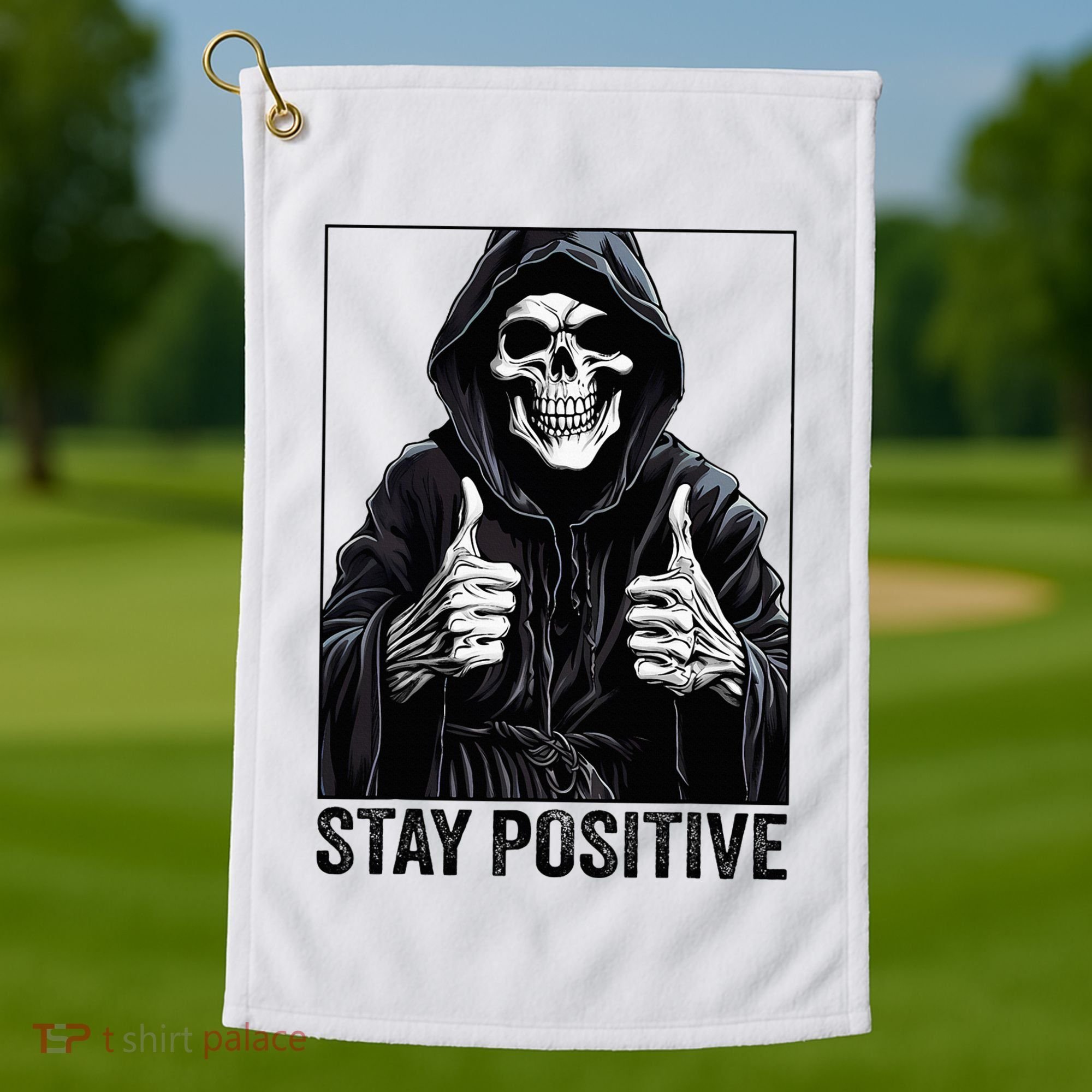 Funny Skull Stay Positive Skeleton Halloween Motivational Golf Towel