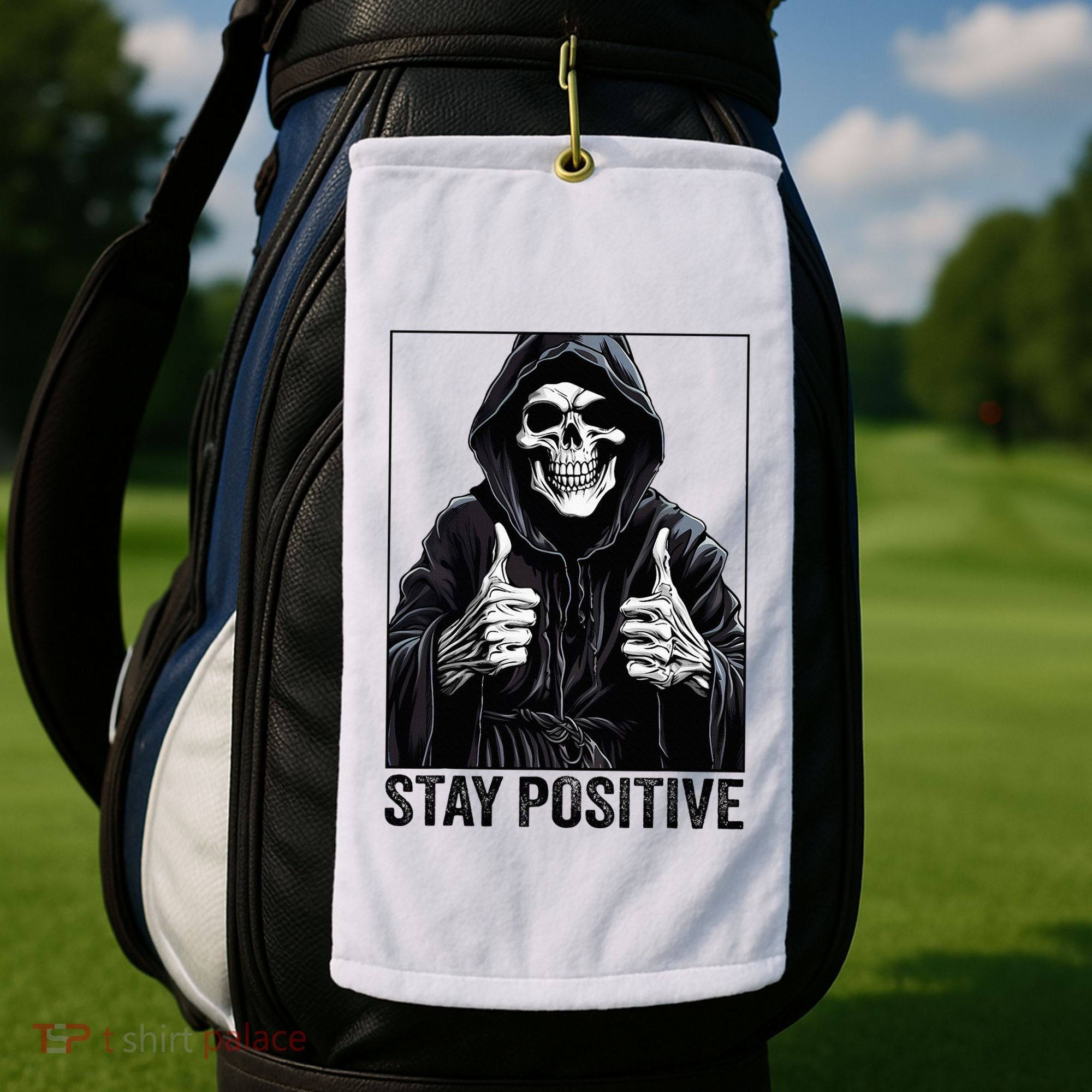 Funny Skull Stay Positive Skeleton Halloween Motivational Golf Towel