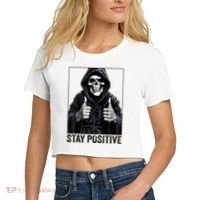 Funny Skull Stay Positive Skeleton Halloween Motivational Women's Crop Top Tee thumb 2