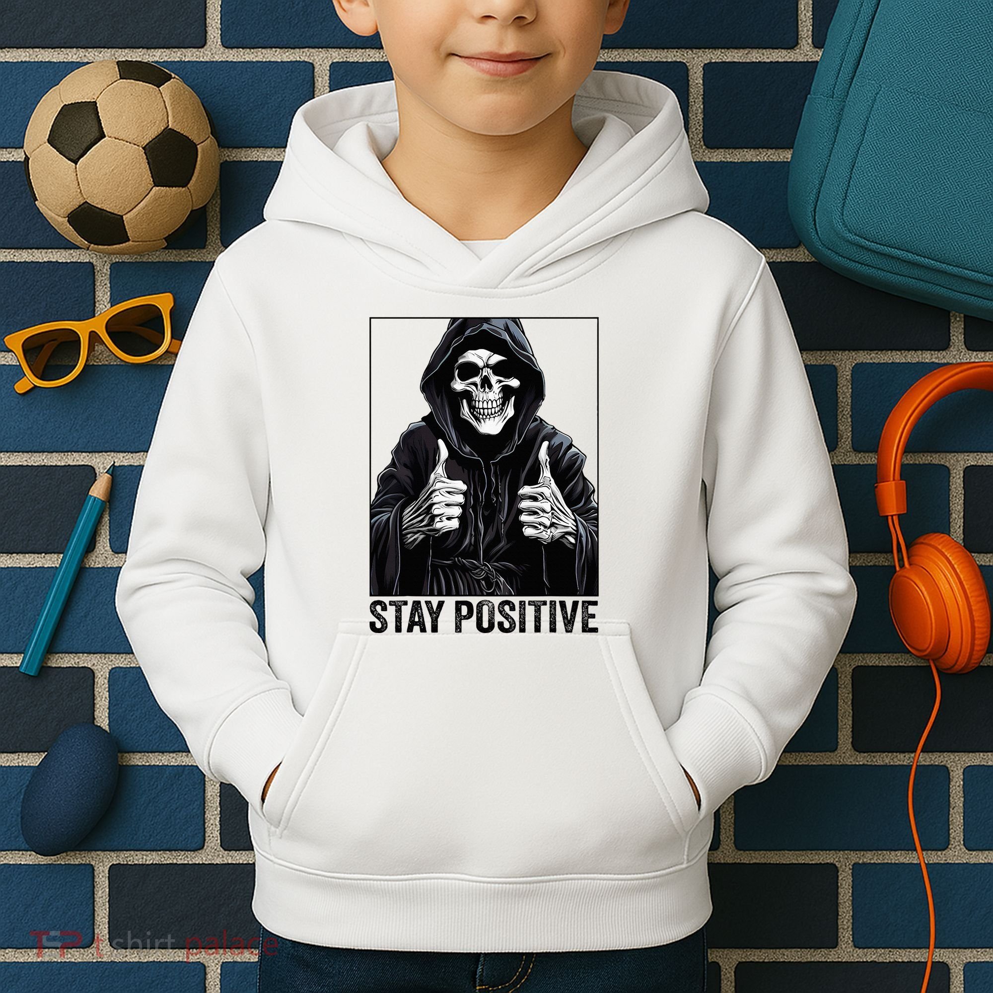 Funny Skull Stay Positive Skeleton Halloween Motivational Kids Hoodie