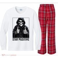 Funny Skull Stay Positive Skeleton Halloween Motivational Kids Long Sleeve Plaid Pajama Set thumb 0