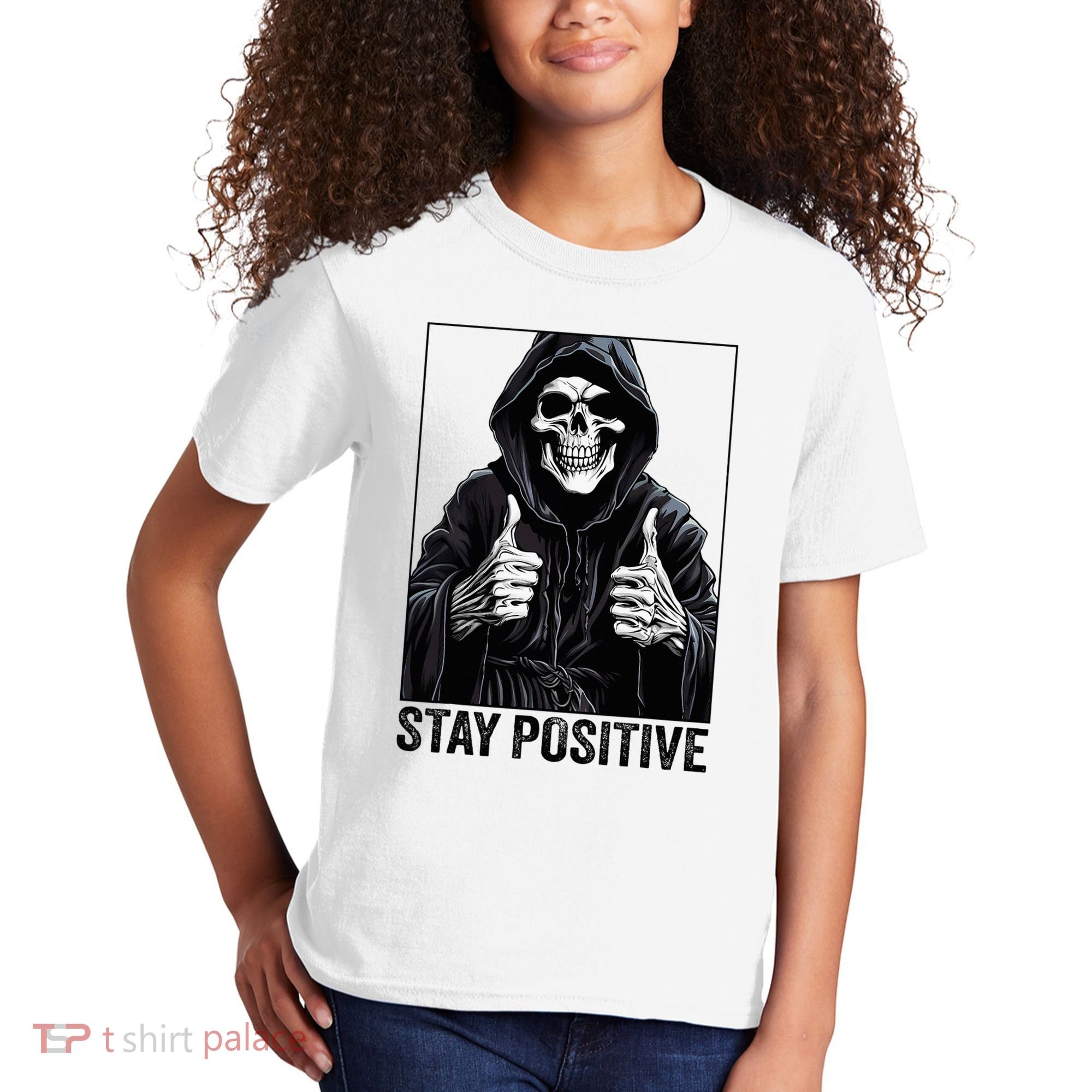 Funny Skull Stay Positive Skeleton Halloween Motivational Kids T-Shirt