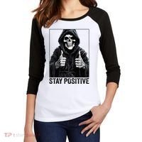Funny Skull Stay Positive Skeleton Halloween Motivational Women's Tri-Blend 3/4-Sleeve Raglan Shirt thumb 2