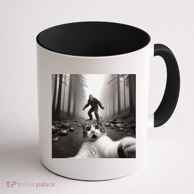 Funny Surprised Scared Cat Selfie With Sasquatsch Bigfoot Coffee Mug back
