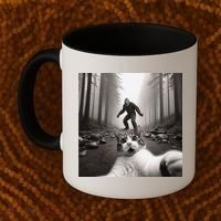 Funny Surprised Scared Cat Selfie With Sasquatsch Bigfoot Coffee Mug thumb 2