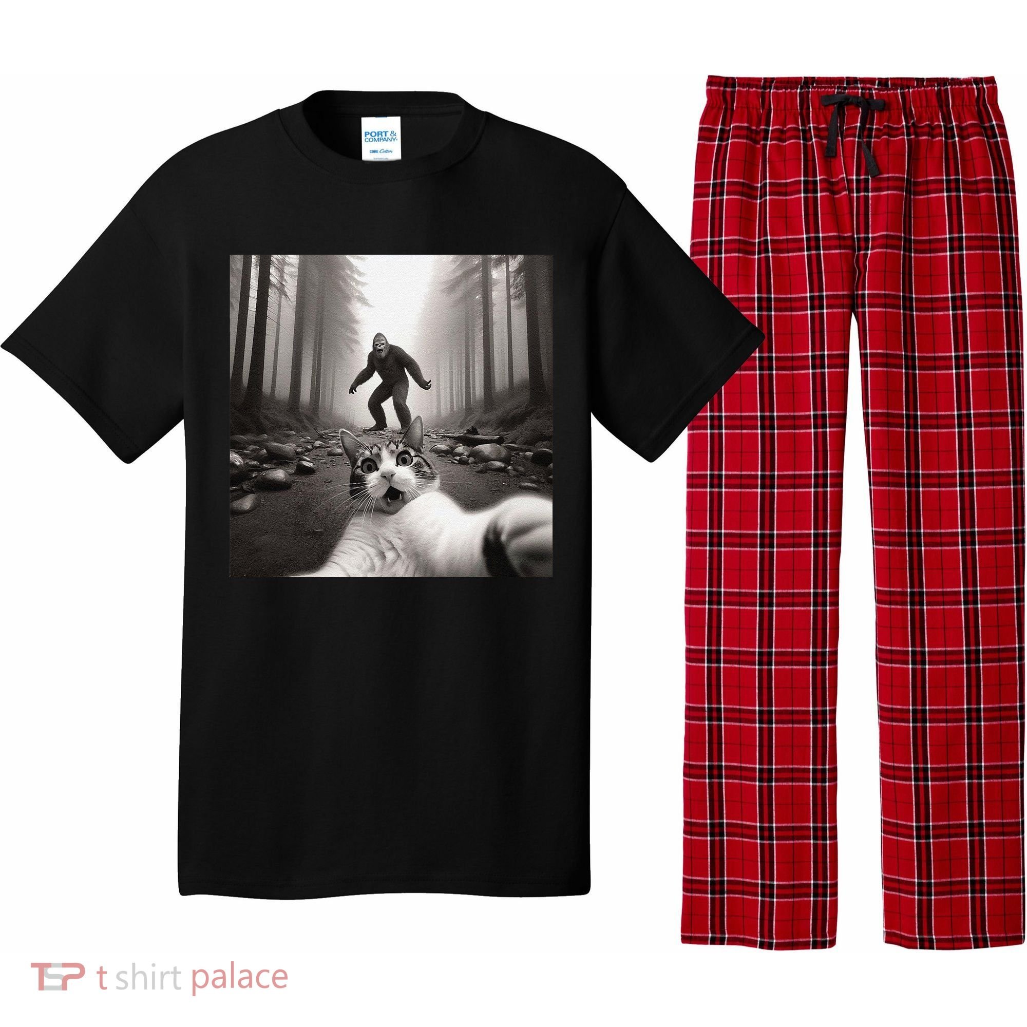Funny Surprised Scared Cat Selfie With Sasquatsch Bigfoot Pajama Set