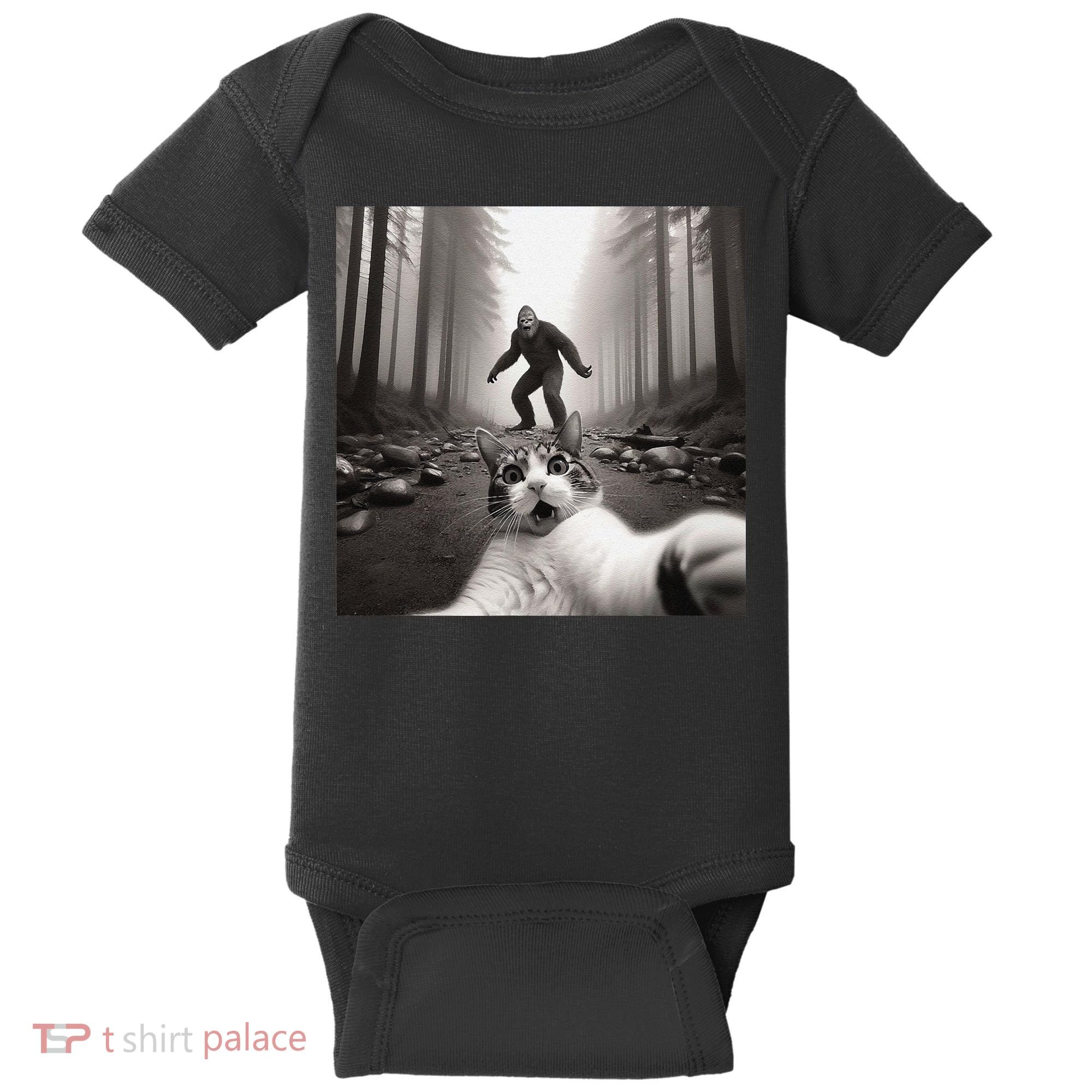 Funny Surprised Scared Cat Selfie With Sasquatsch Bigfoot Baby Bodysuit