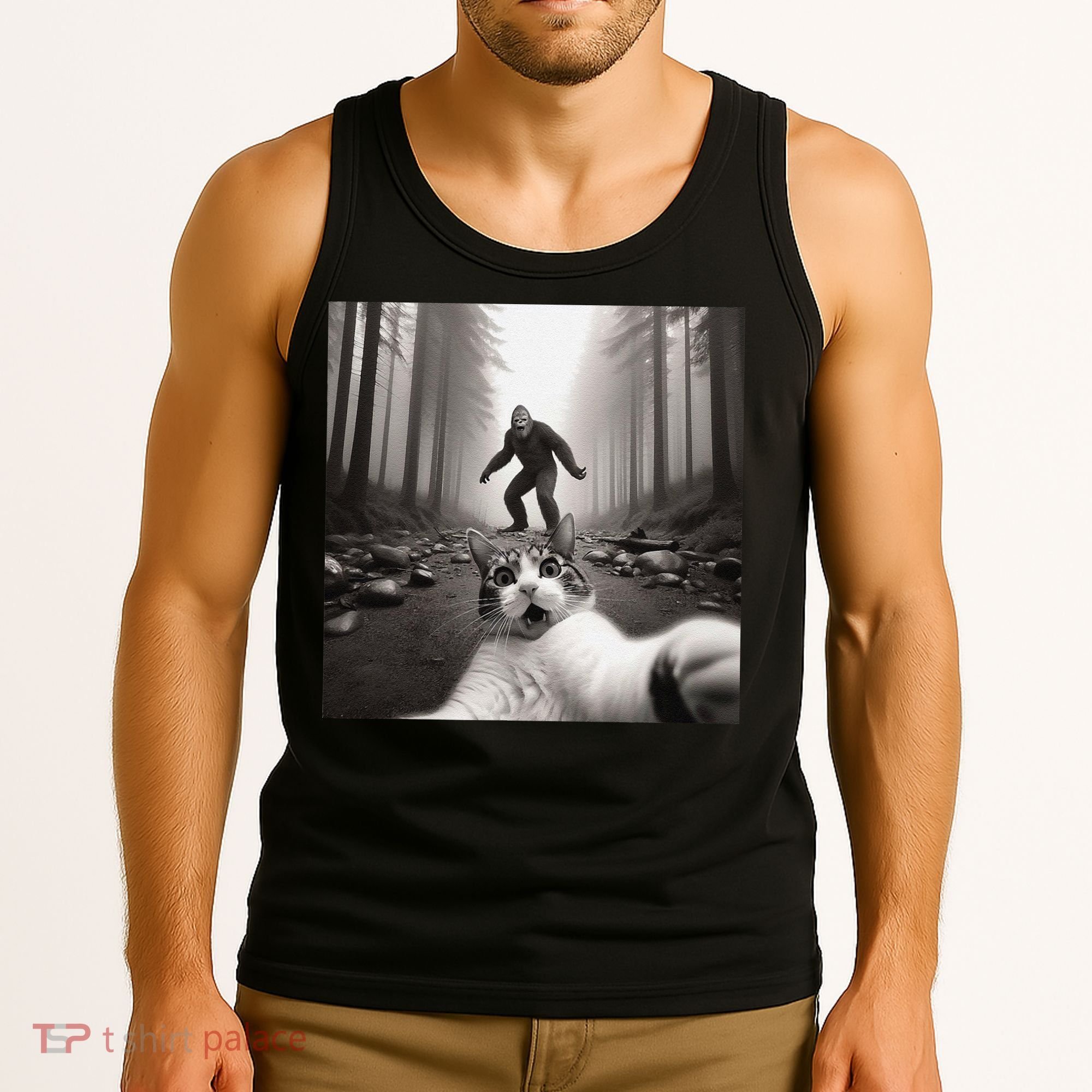 Funny Surprised Scared Cat Selfie With Sasquatsch Bigfoot Tank Top