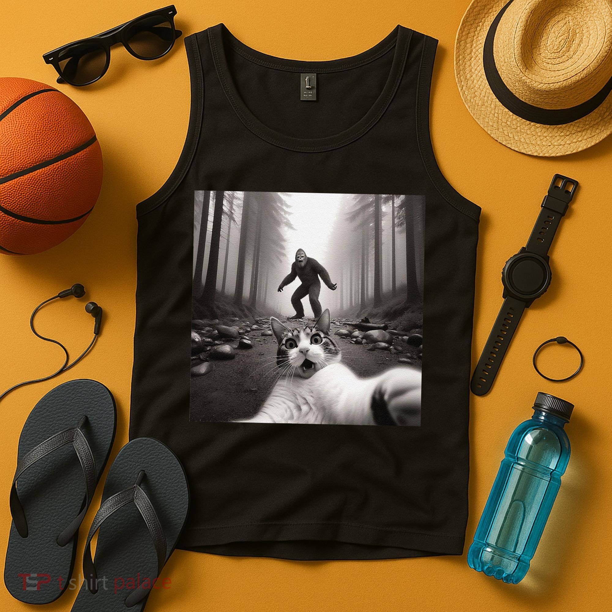 Funny Surprised Scared Cat Selfie With Sasquatsch Bigfoot Tank Top