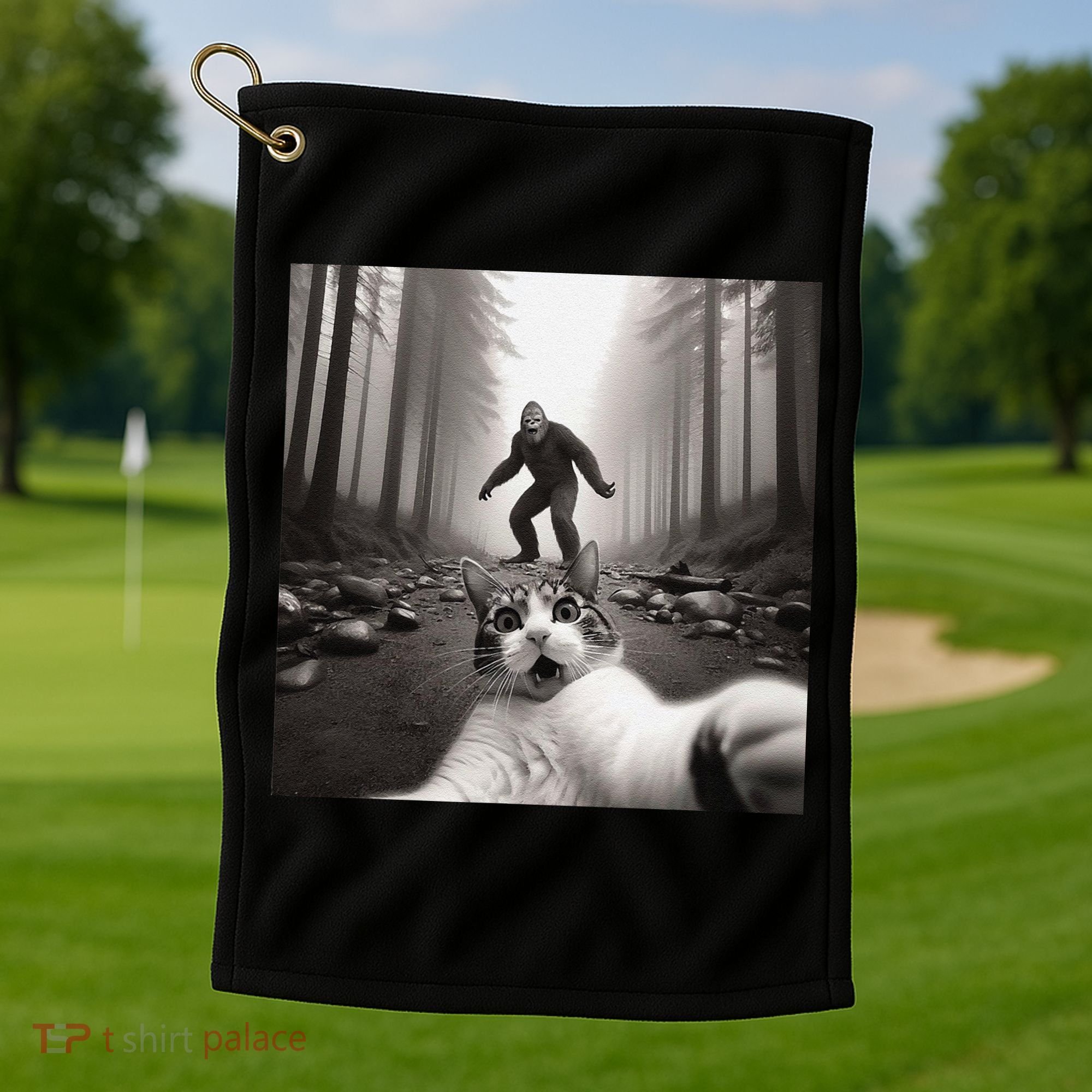 Funny Surprised Scared Cat Selfie With Sasquatsch Bigfoot Golf Towel