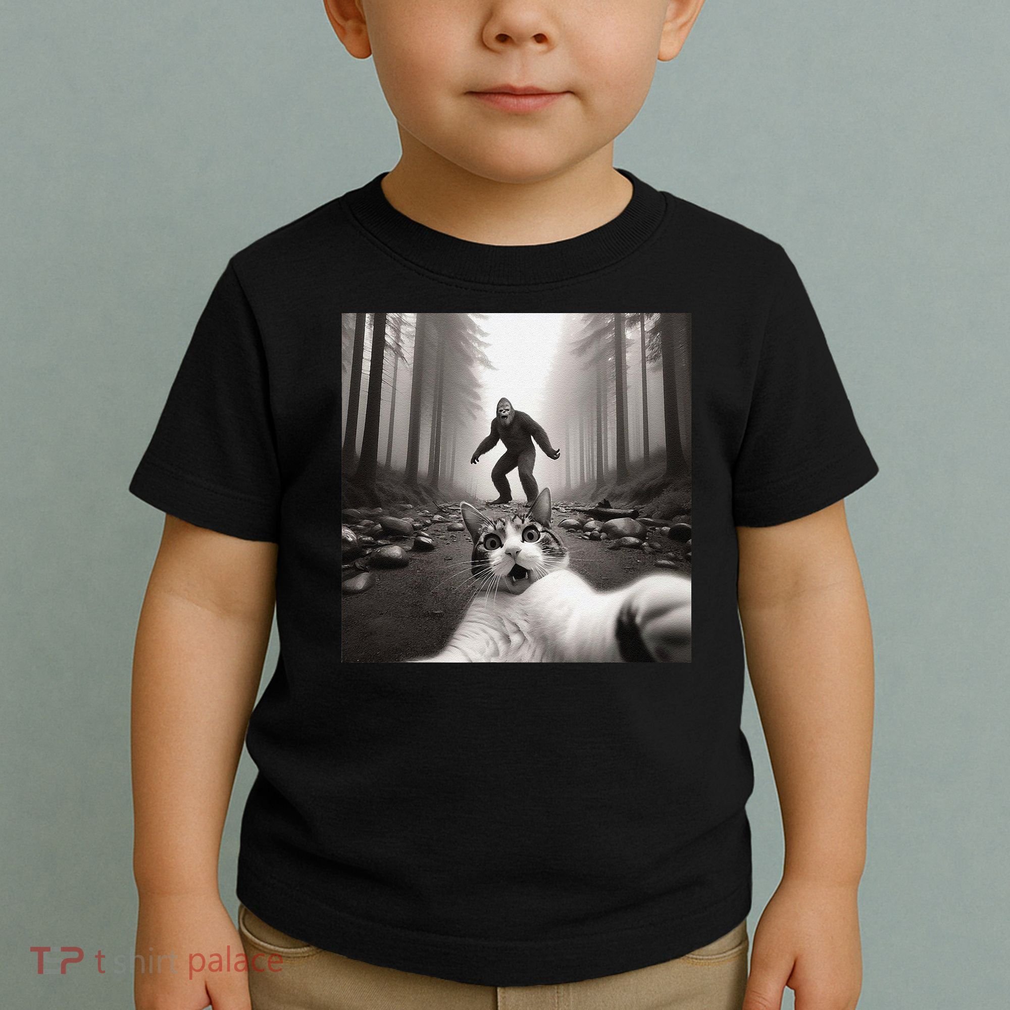 Funny Surprised Scared Cat Selfie With Sasquatsch Bigfoot Toddler T-Shirt