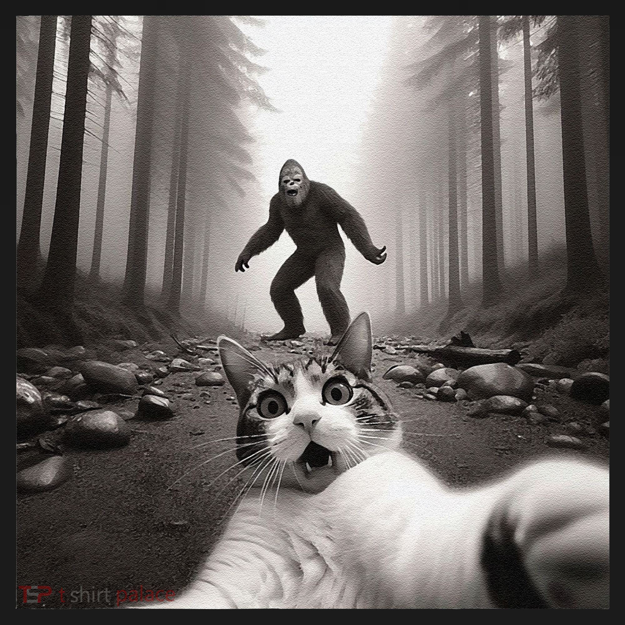 Funny Surprised Scared Cat Selfie With Sasquatsch Bigfoot Women's Long Sleeve Shirt