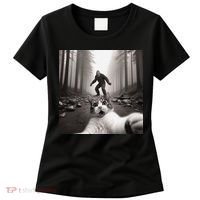 Funny Surprised Scared Cat Selfie With Sasquatsch Bigfoot Women's T-Shirt thumb 0