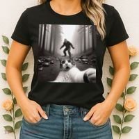 Funny Surprised Scared Cat Selfie With Sasquatsch Bigfoot Women's T-Shirt thumb 2