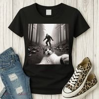 Funny Surprised Scared Cat Selfie With Sasquatsch Bigfoot Women's T-Shirt thumb 3