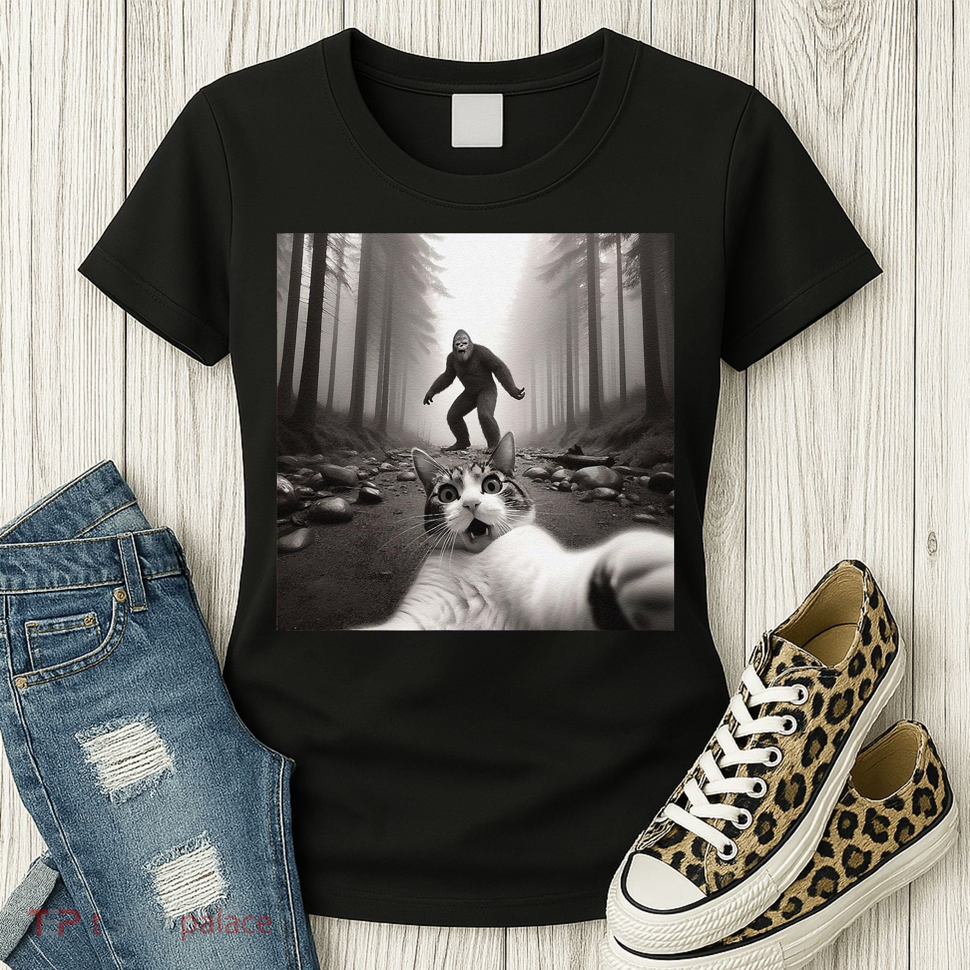 Funny Surprised Scared Cat Selfie With Sasquatsch Bigfoot Women's T-Shirt