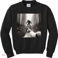Funny Surprised Scared Cat Selfie With Sasquatsch Bigfoot Kids Sweatshirt thumb 0