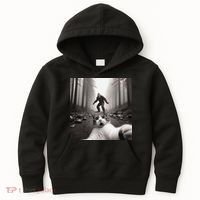 Funny Surprised Scared Cat Selfie With Sasquatsch Bigfoot Kids Hoodie thumb 0