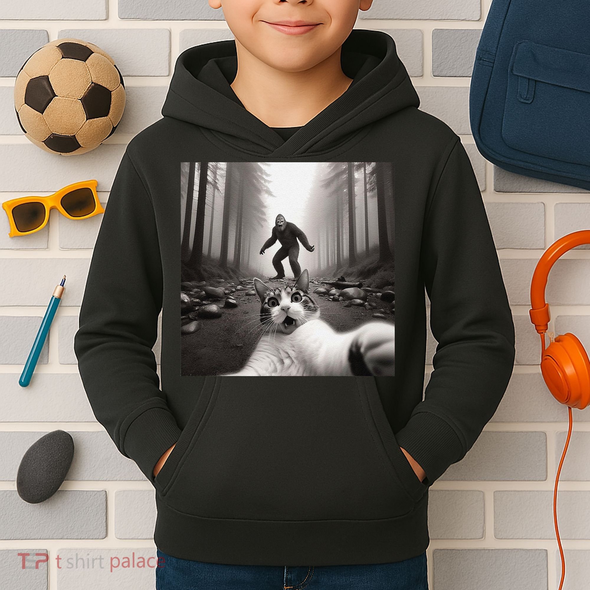 Funny Surprised Scared Cat Selfie With Sasquatsch Bigfoot Kids Hoodie