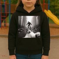 Funny Surprised Scared Cat Selfie With Sasquatsch Bigfoot Kids Hoodie thumb 3