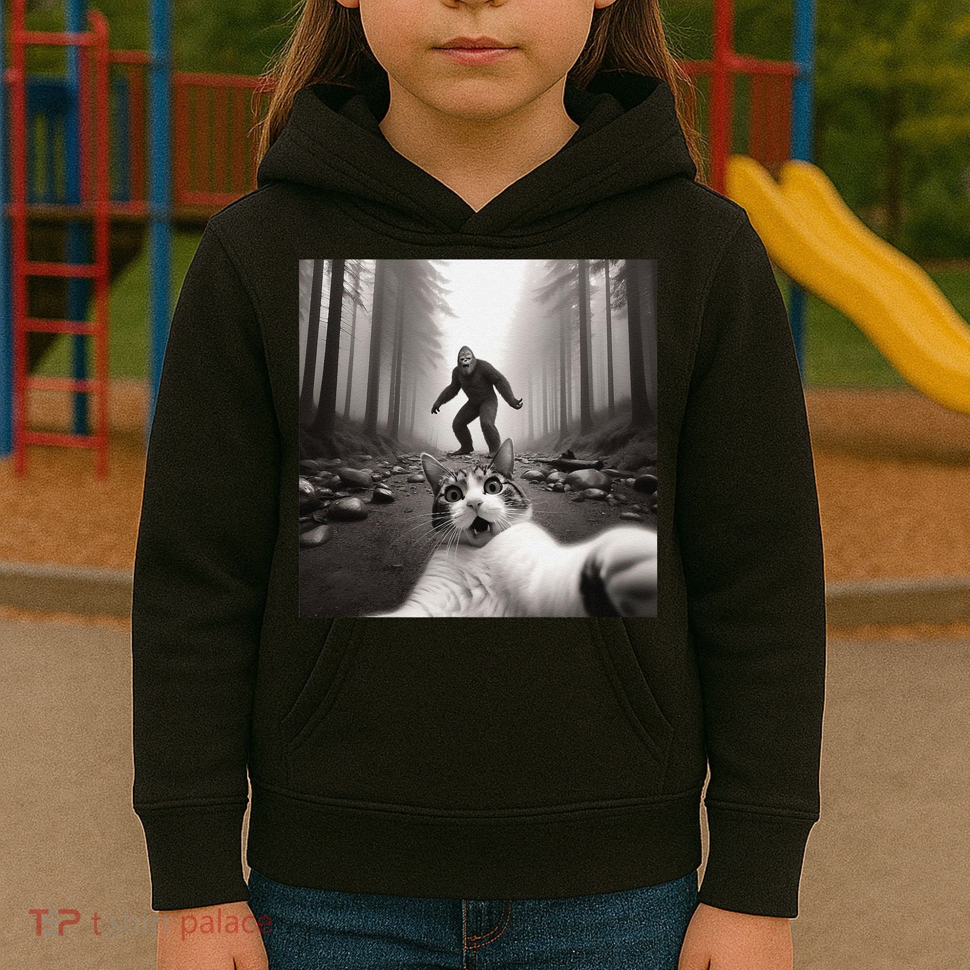 Funny Surprised Scared Cat Selfie With Sasquatsch Bigfoot Kids Hoodie