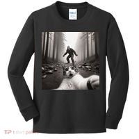 Funny Surprised Scared Cat Selfie With Sasquatsch Bigfoot Kids Long Sleeve Shirt thumb 0