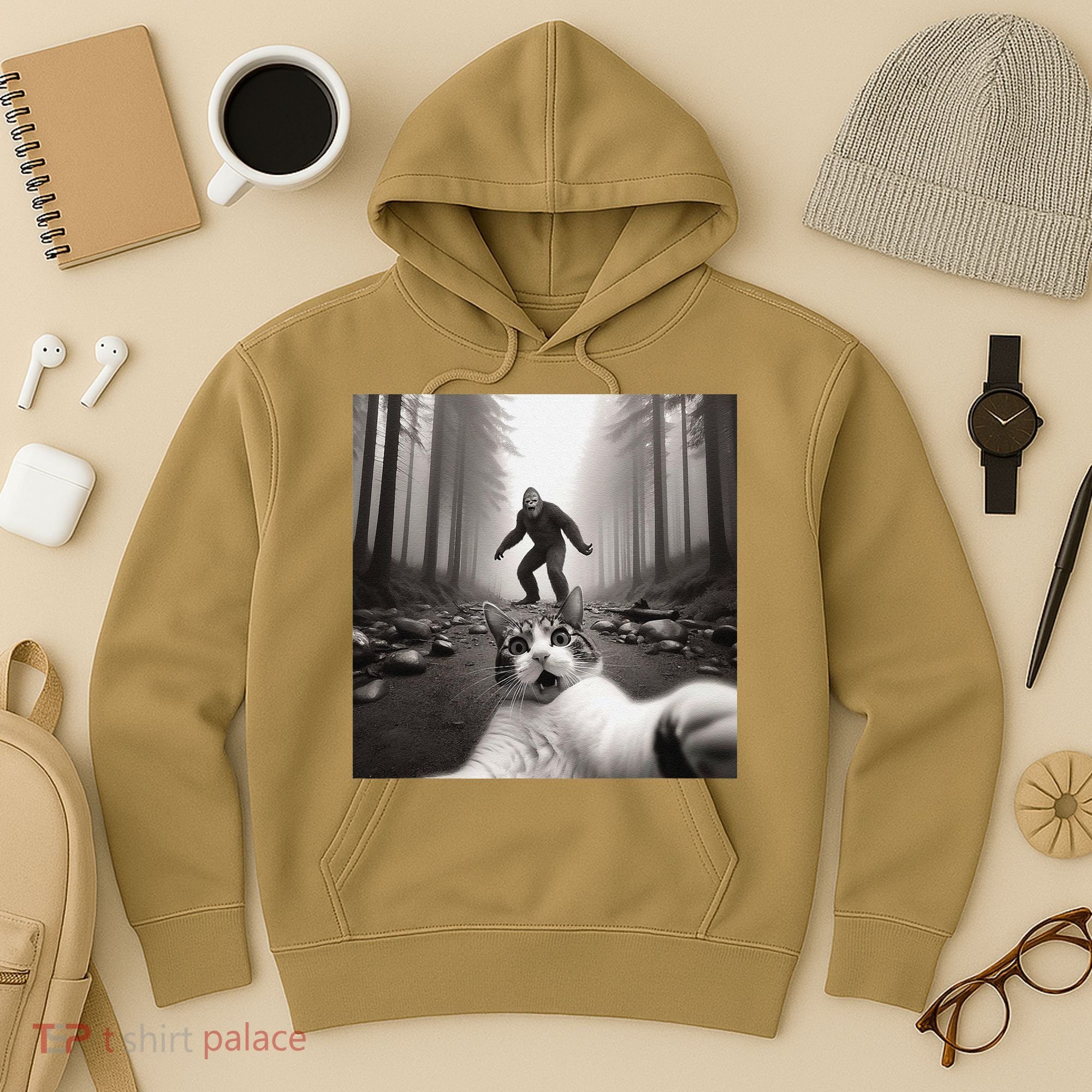 Funny Surprised Scared Cat Selfie With Sasquatsch Bigfoot Hoodie