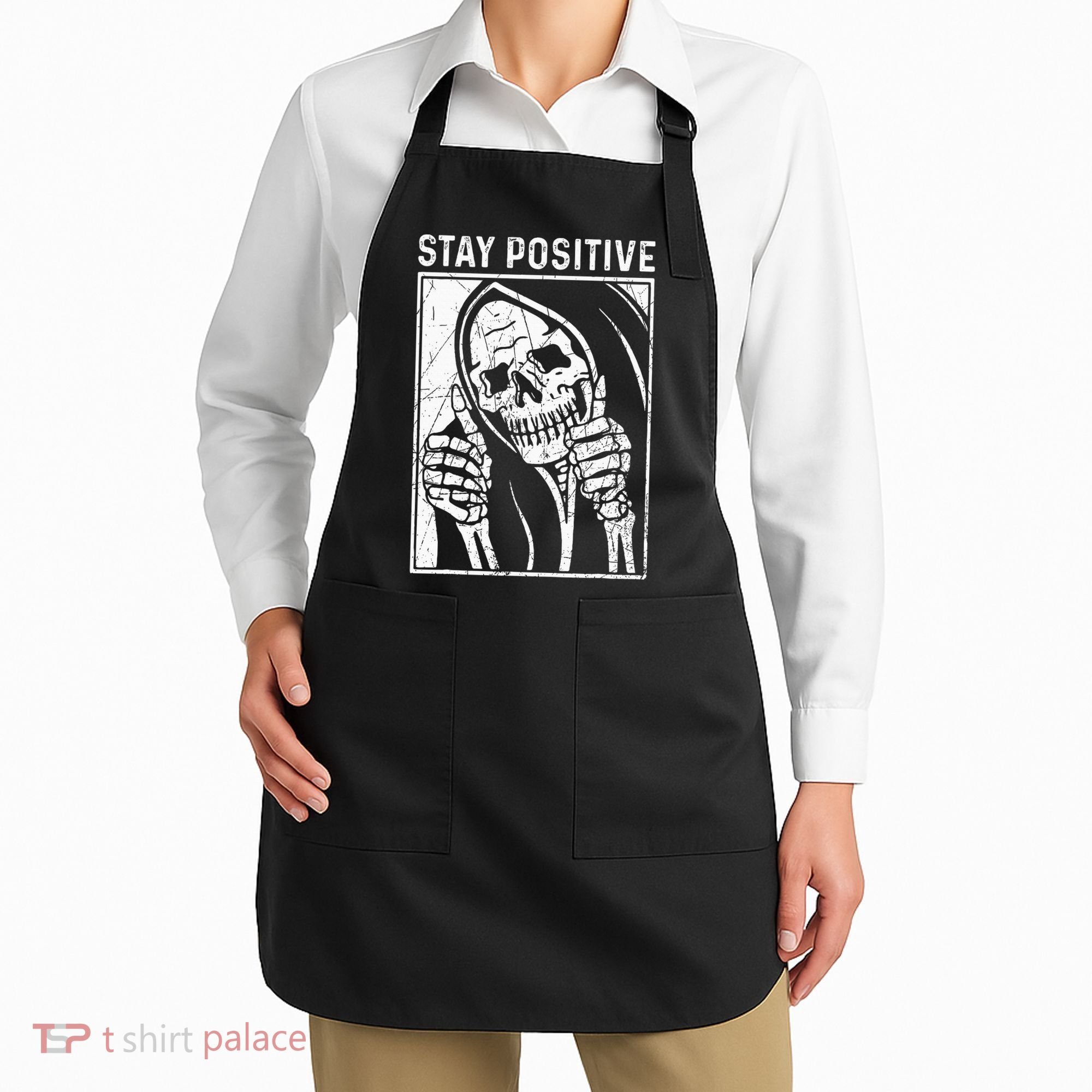 Funny Skull Stay Positive Skeleton Halloween Motivational Apron
