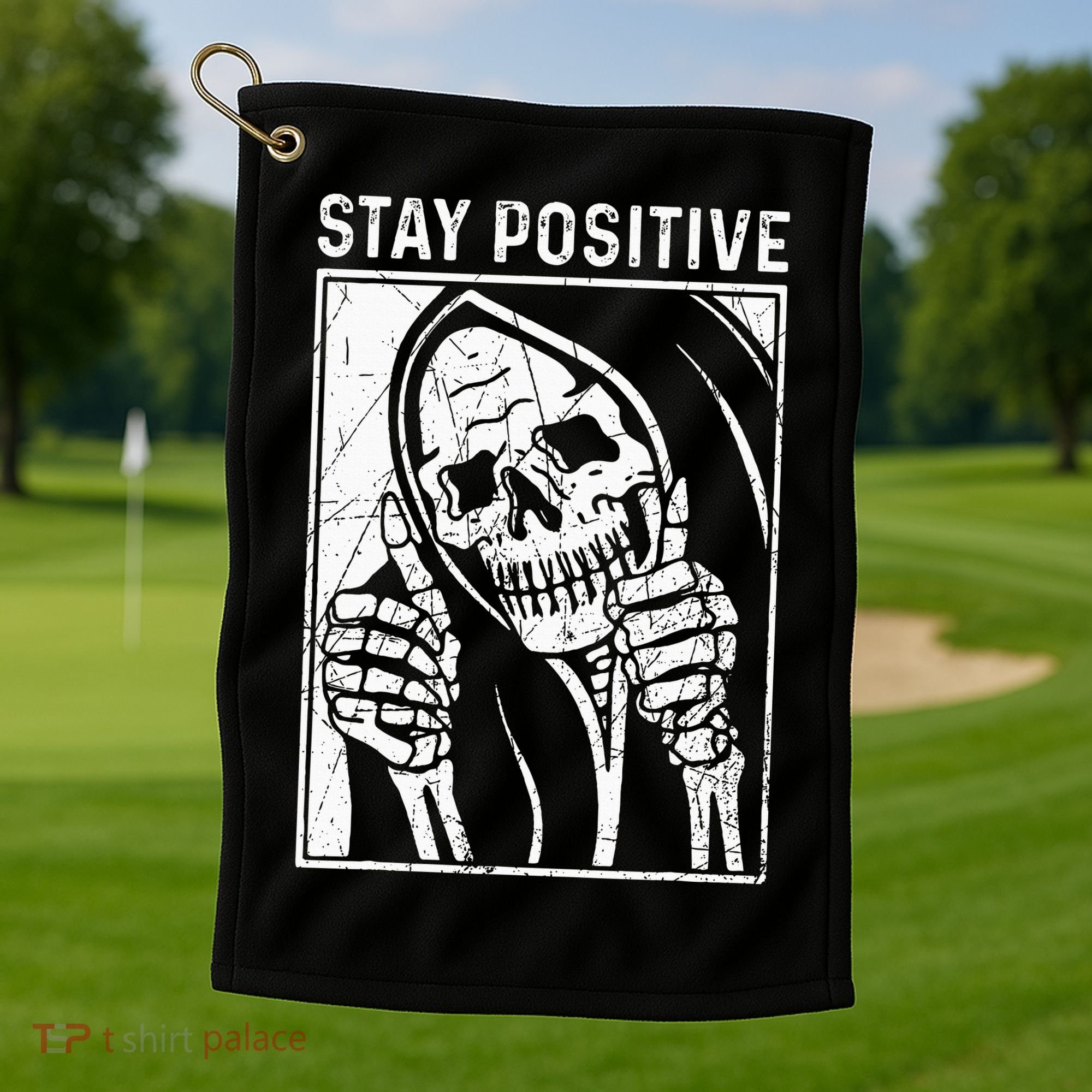 Funny Skull Stay Positive Skeleton Halloween Motivational Golf Towel