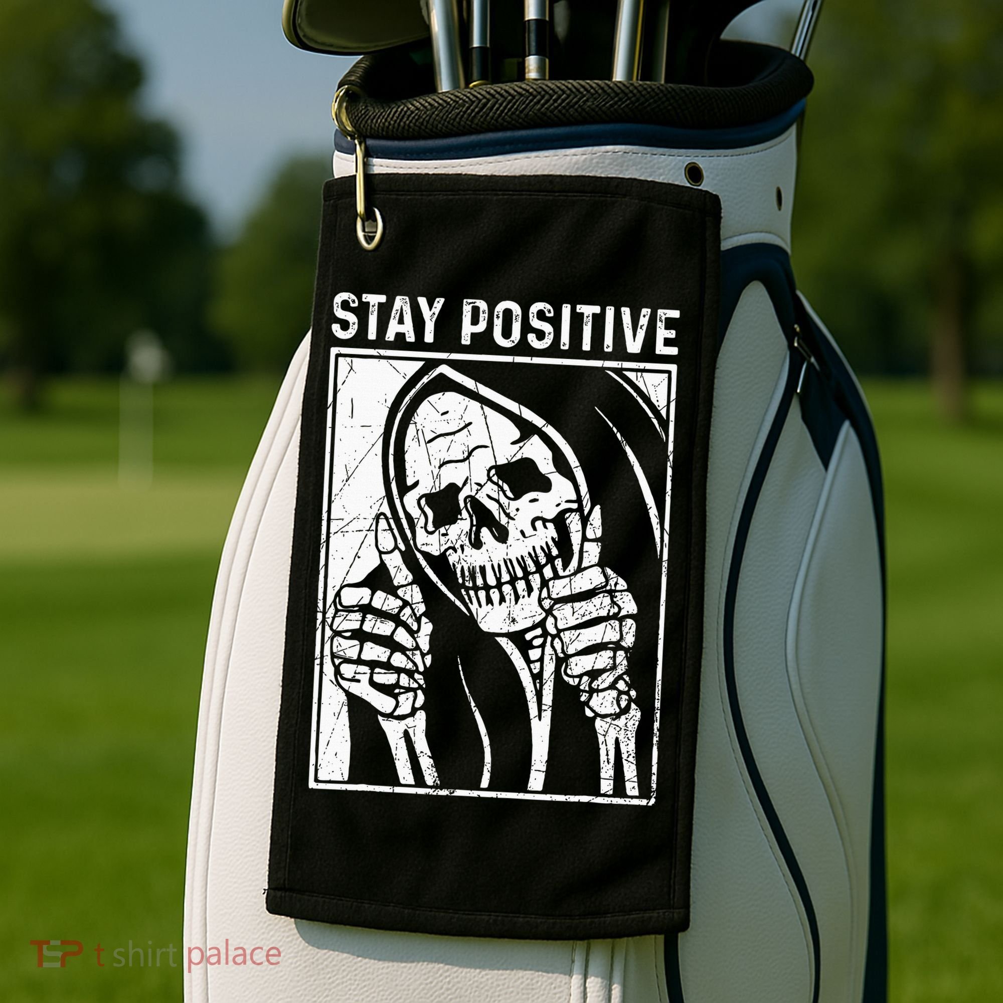 Funny Skull Stay Positive Skeleton Halloween Motivational Golf Towel