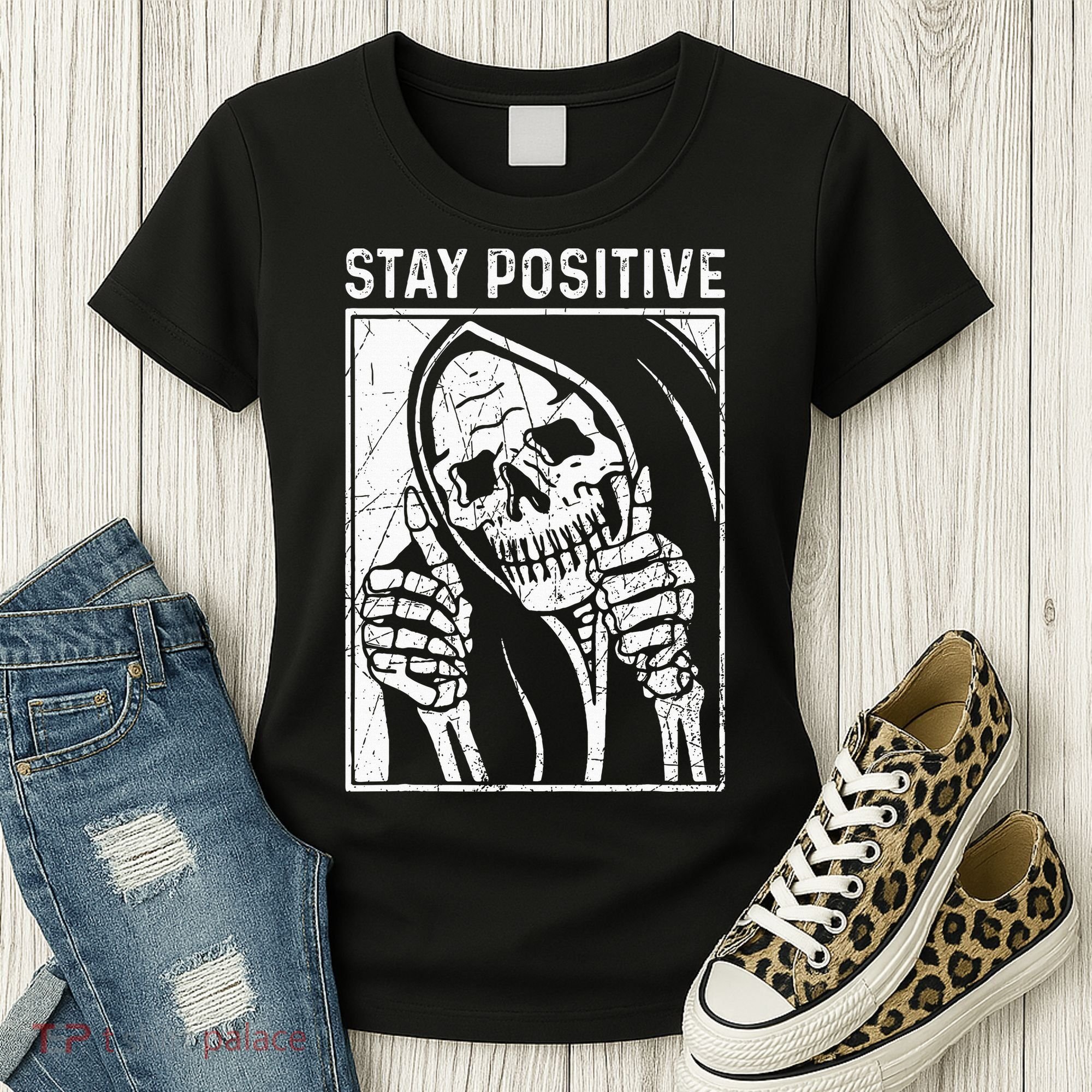 Funny Skull Stay Positive Skeleton Halloween Motivational Women's T-Shirt