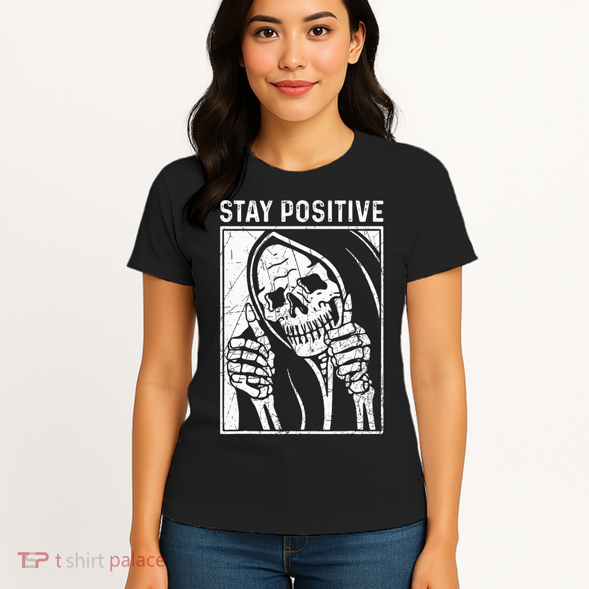 Funny Skull Stay Positive Skeleton Halloween Motivational Women's T-Shirt