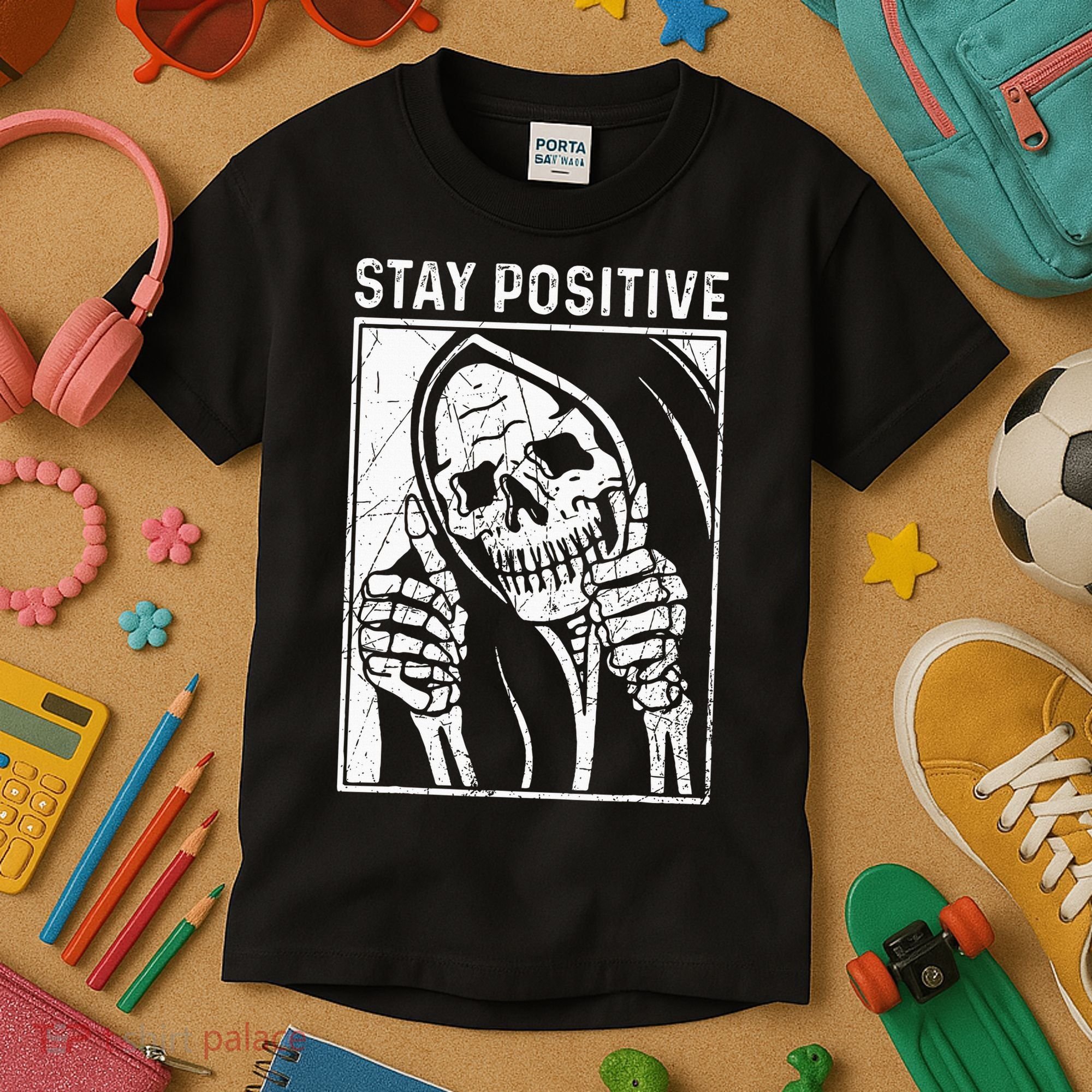 Funny Skull Stay Positive Skeleton Halloween Motivational Kids T-Shirt